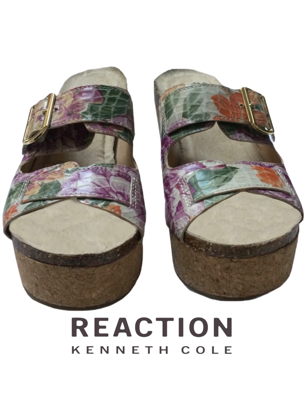 Kenneth Cole Reaction Cork Wedge Platform Sandals Floral Print Adjustable EUC 8